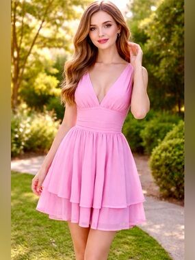 SHEIN MOD Pink V-Neck Tiered Mini Dress, Sz L
